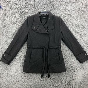 Nine West Coat Womens Medium Wool Blend Gray Tie Waist Pockets Jacket Cinch